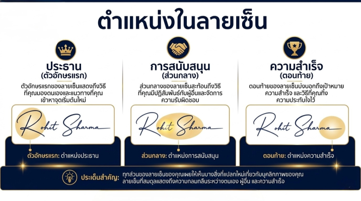 อธิบายความหมายตำแหน่งในลายเซ็นมงคล แบ่งเป็นส่วนประธาน ส่วนการสนับสนุน และส่วนความสำเร็จ เพื่อการออกแบบลายเซ็นที่ดีและสมดุล เคล็ดลับลายเซ็นเสริมดวงที่ช่วยสะท้อนตัวตนและความสำเร็จ โดย Signature by Sarisorn