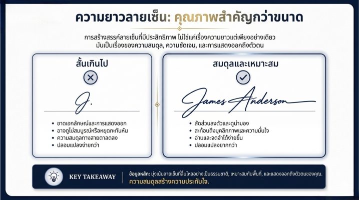 เปรียบเทียบลายเซ็นที่สั้นเกินไปกับลายเซ็นมงคลที่มีความสมดุลและคุณภาพ เพื่อสร้างความน่าเชื่อถือและเอกลักษณ์เฉพาะตัว เคล็ดลับการออกแบบลายเซ็นที่ดีช่วยเสริมดวงและสะท้อนบุคลิกภาพที่มั่นใจ โดย Signature by Sarisorn