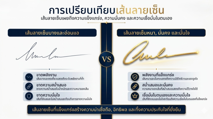 การเปรียบเทียบระหว่างเส้นลายเซ็นที่เบาบางกับลายเซ็นมงคลที่มีเส้นหนามั่นคงสม่ำเสมอ ลักษณะลายเซ็นที่ดีควรมีน้ำหนักเส้นที่แข็งแกร่งเพื่อเป็นลายเซ็นเสริมดวงด้านความเชื่อมั่น พลังงาน และความน่าเชื่อถือ โดย Signature by Sarisorn 
