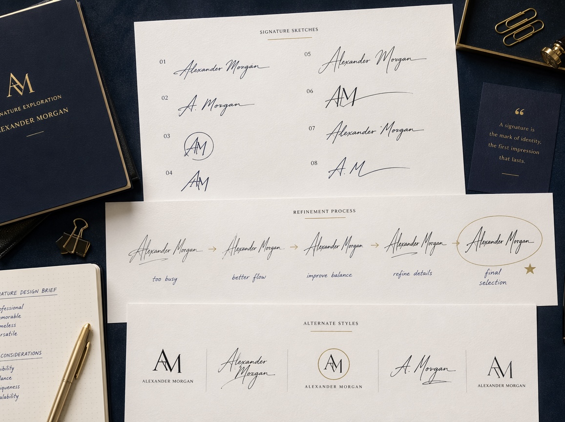 วิธีสร้างลายเซ็น ขั้นตอนแรกของการออกแบบลายเซ็นคือ การหาไอเดียลายเซ็นที่ชอบไว้หลายๆแบบไอเดีย เพื่อนำไปใช้ใน ขั้นตอนการออกแบบลายเซ็นขั้นถัดไป