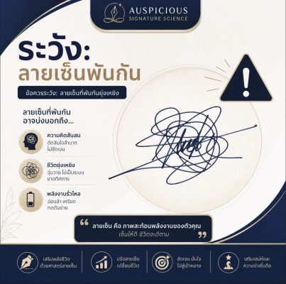 ลายเซ็นที่มีมุมแหลมทิ่มแทงชื่อตัวเอง ลายเซ็นอัปมงคลที่สื่อถึงอุปสรรคและการทำร้ายตนเอง 